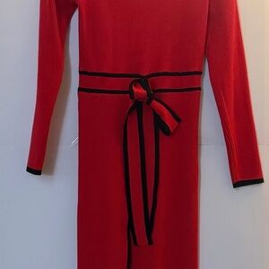 STYLEWE Vibrant Red Long Sleeve Dress with Black Trim